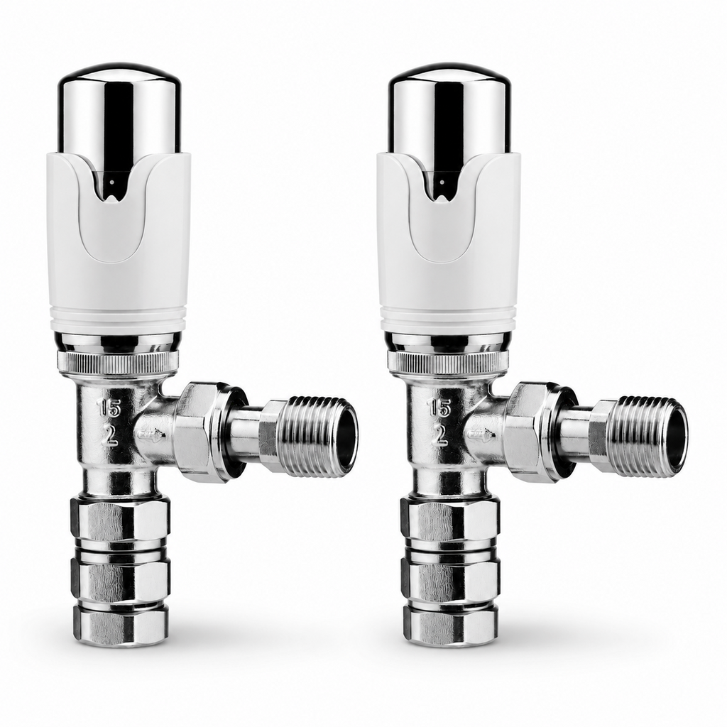 2 x  Kartell Designer Thermostatic Radiator Valve White & Chrome TRV Angled 15mm