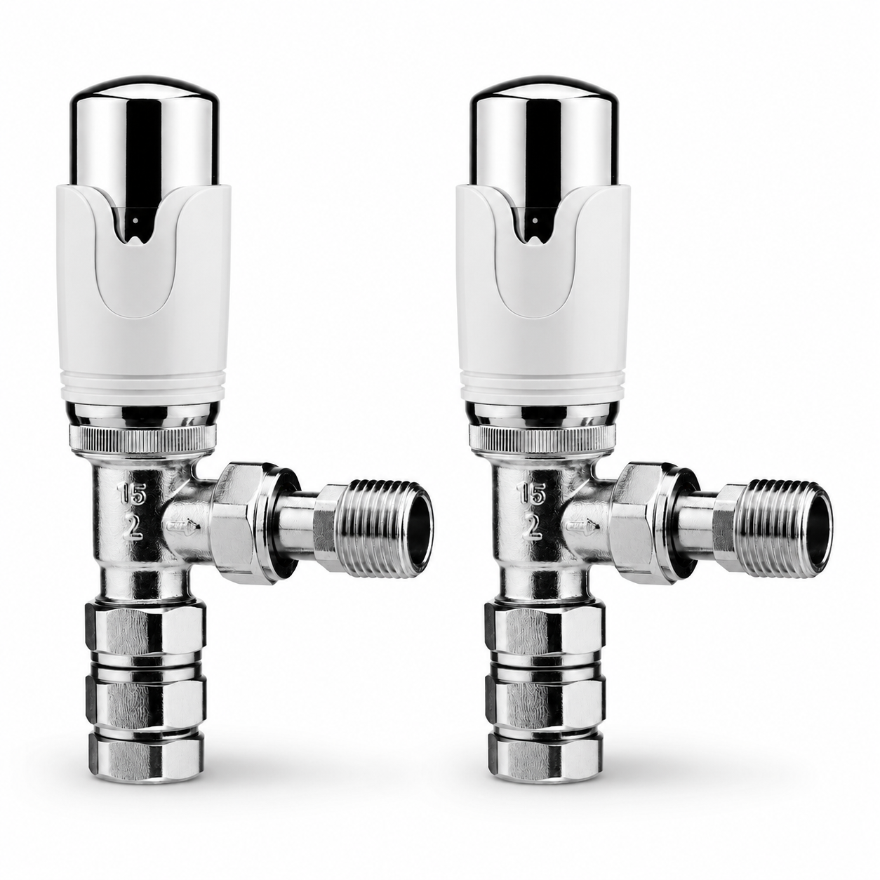 2 x  Kartell Designer Thermostatic Radiator Valve White & Chrome TRV Angled 15mm