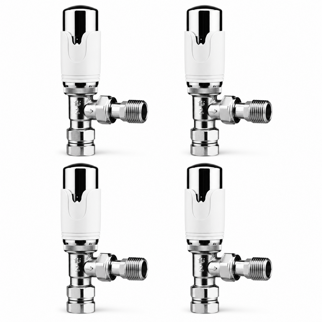 4 x Kartell Designer Thermostatic Radiator Valve White & Chrome TRV Angled 15mm