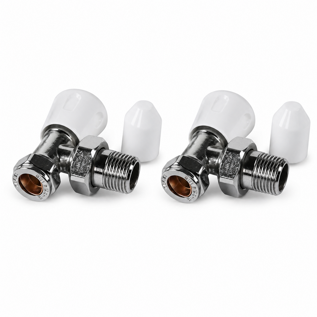 Kartell Angled Radiator Valves Pair — Chrome with White Handles, 15mm Thermostatic TRV & Lockshield Set, Universal Fit UK Standard Radiators, Easy-Install Designer Finish for Bathroom & Home Heating