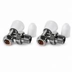 Kartell Angled Radiator Valves Pair — Chrome with White Handles, 15mm Thermostatic TRV & Lockshield Set, Universal Fit UK Standard Radiators, Easy-Install Designer Finish for Bathroom & Home Heating