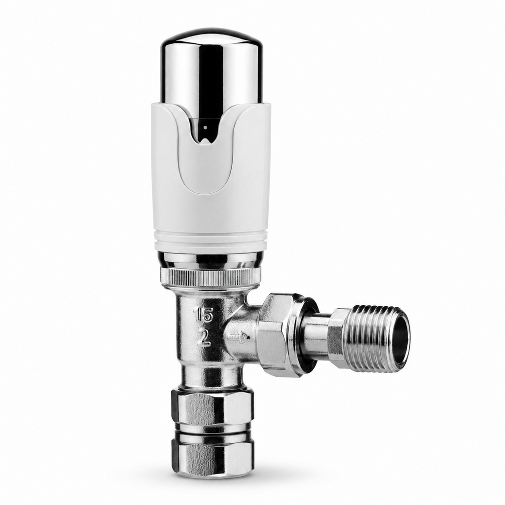 Kartell Designer Thermostatic Radiator Valve White & Chrome TRV Angled 15mm