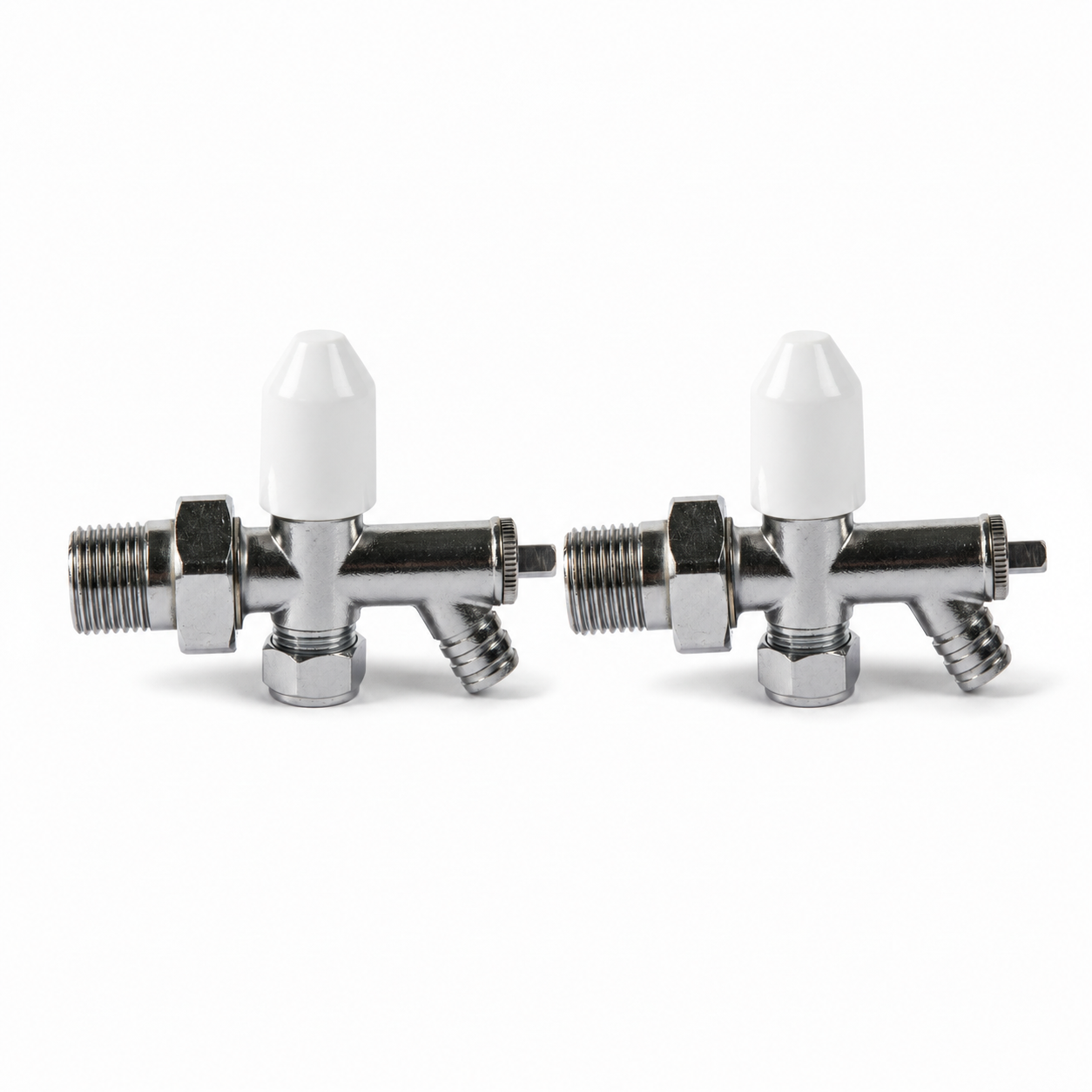 2 x 10mm Drain Off Valve Chrome - 1/2" BSP Radiator Drain Cock with White Handle & Hose Tail