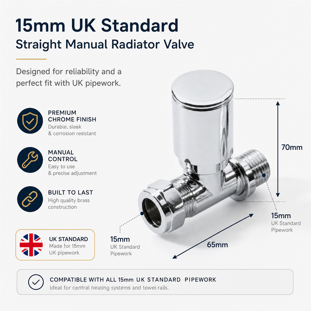 2 x Kartell Chrome Radiator Valves Straight Pair 15mm Manual Control - Brass Radiator Valve Set for Central Heating Floor Pipes - Contemporary Chrome Finish - Complete Twin Pack UK Standard