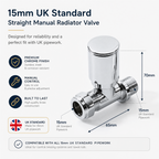 2 x Kartell Chrome Radiator Valves Straight Pair 15mm Manual Control - Brass Radiator Valve Set for Central Heating Floor Pipes - Contemporary Chrome Finish - Complete Twin Pack UK Standard