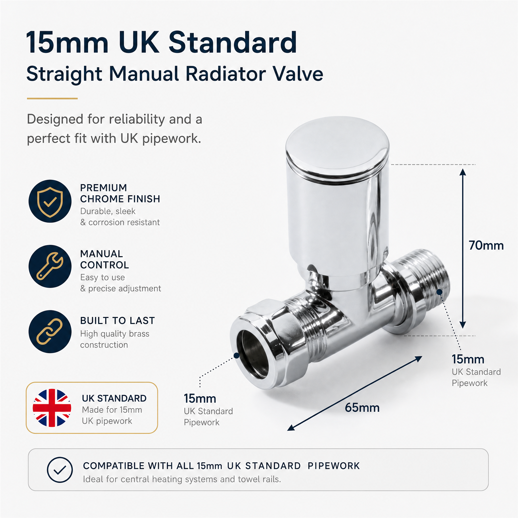 2 x Kartell Chrome Radiator Valves Straight Pair 15mm Manual Control - Brass Radiator Valve Set for Central Heating Floor Pipes - Contemporary Chrome Finish - Complete Twin Pack UK Standard