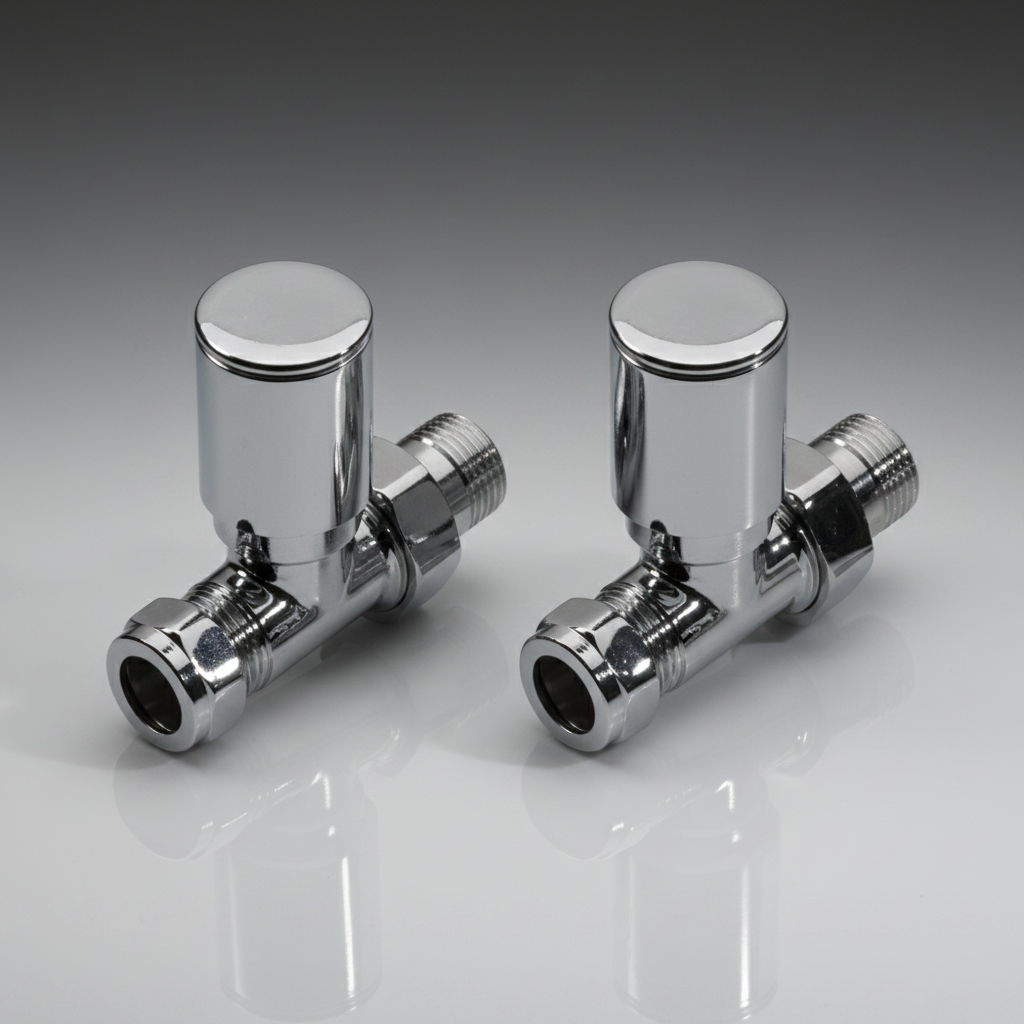 2 x Kartell Chrome Radiator Valves Straight Pair 15mm Manual Control - Brass Radiator Valve Set for Central Heating Floor Pipes - Contemporary Chrome Finish - Complete Twin Pack UK Standard