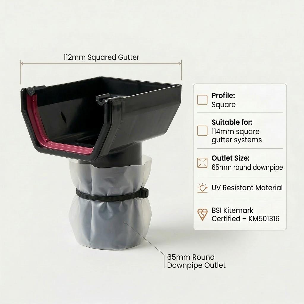 Black 30m Squared Gutter Stop End Outlet Kit 114mm