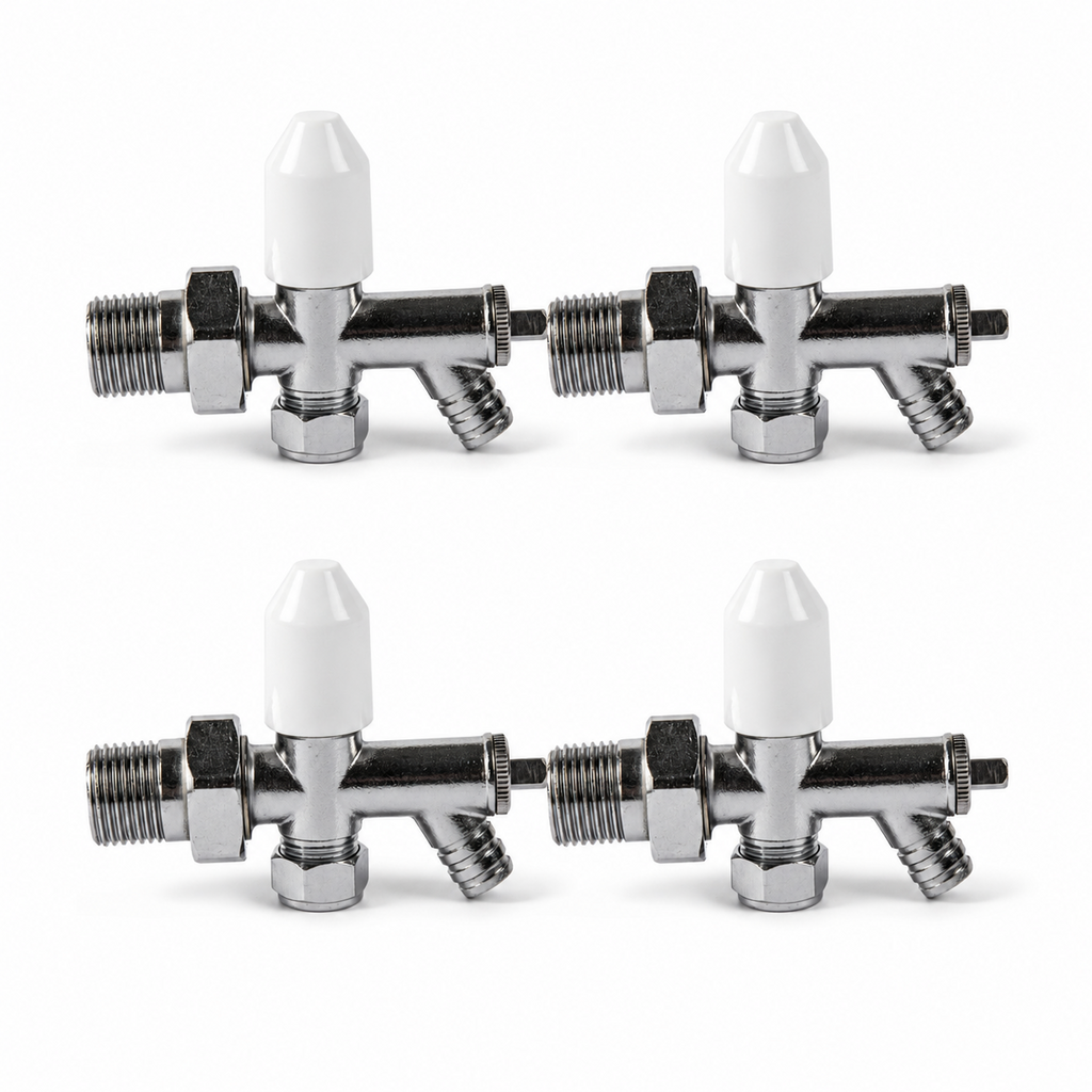 4 x 10mm Drain Off Valve Chrome - 1/2" BSP Radiator Drain Cock with White Handle & Hose Tail