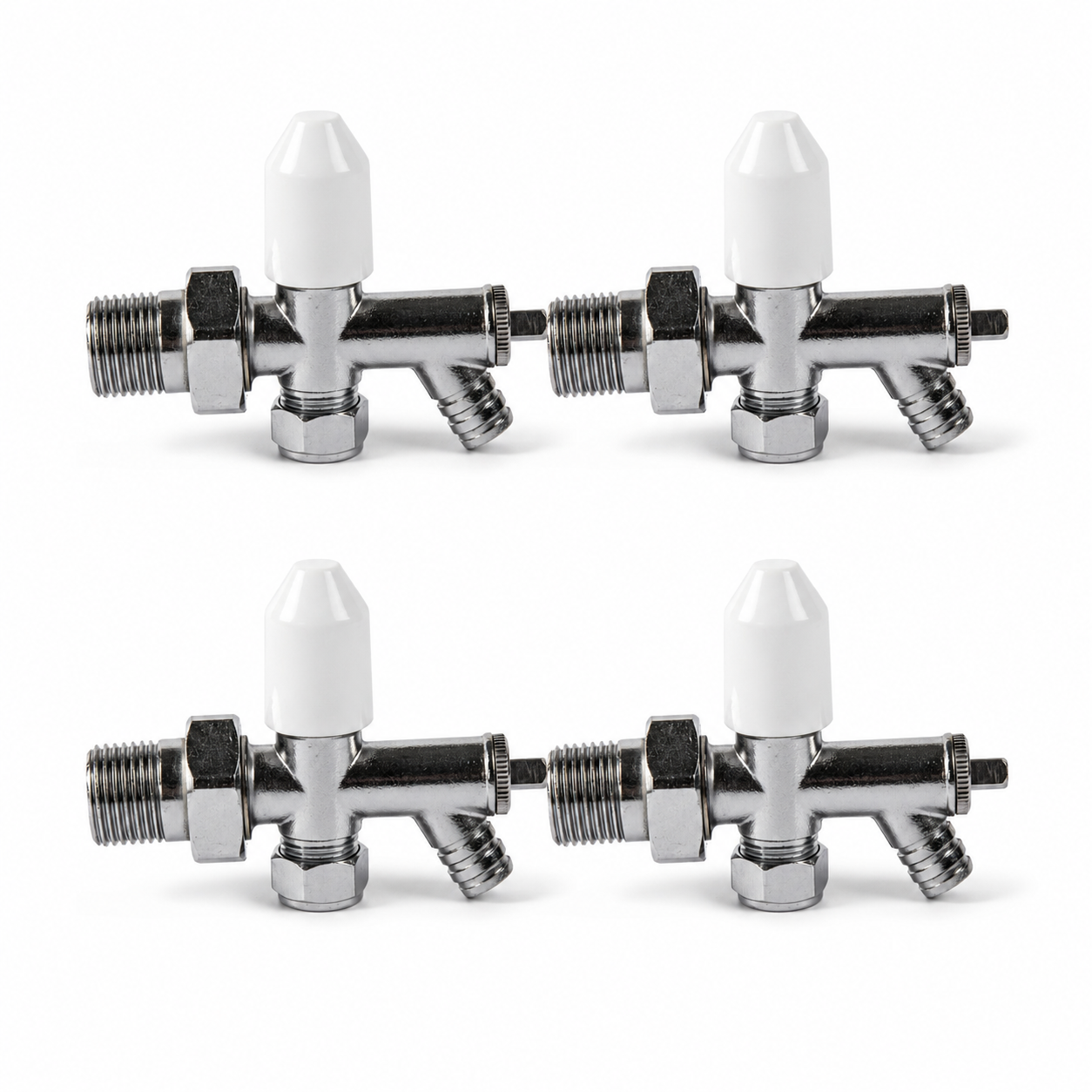 4 x 10mm Drain Off Valve Chrome - 1/2" BSP Radiator Drain Cock with White Handle & Hose Tail