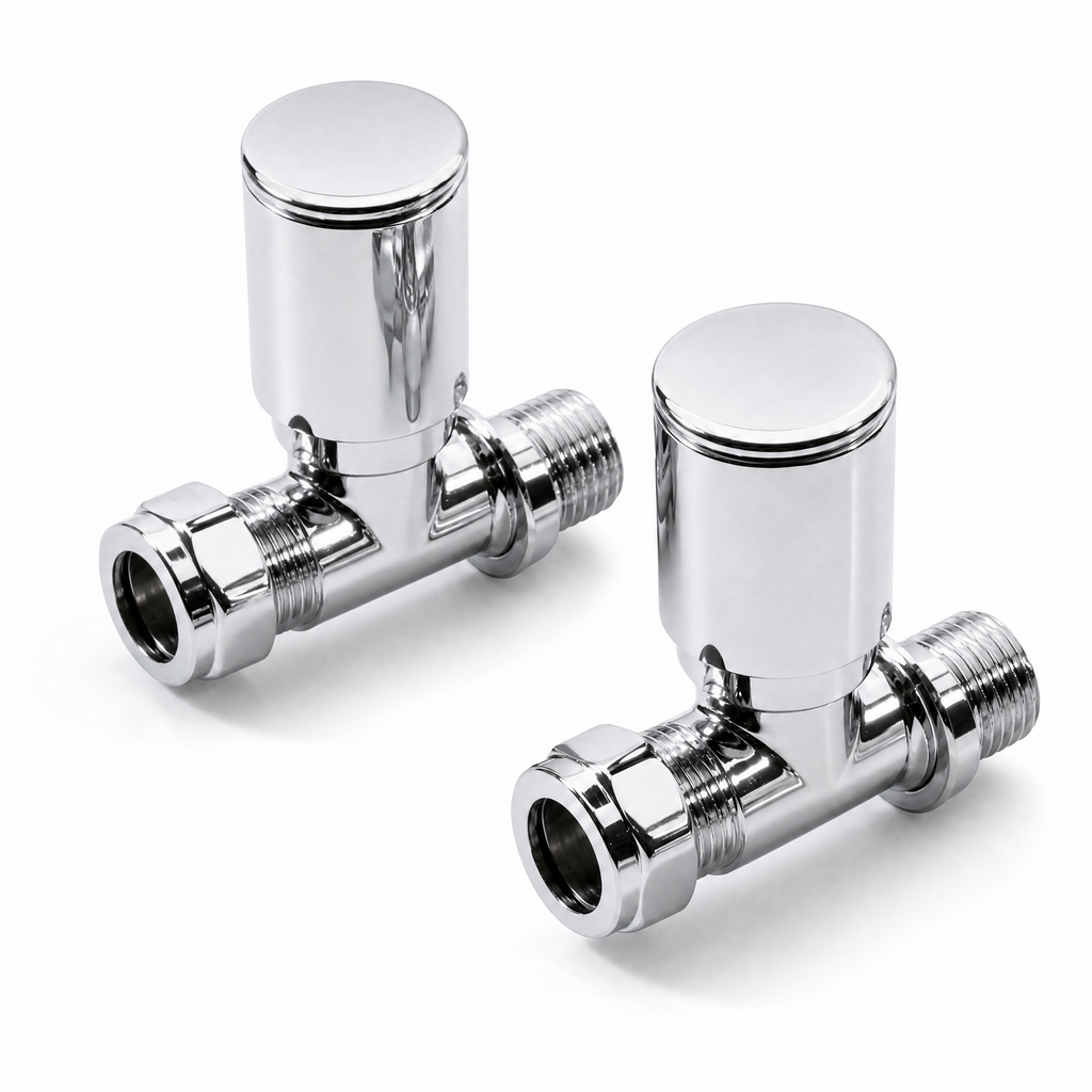 2 x Kartell Chrome Radiator Valves Straight Pair 15mm Manual Control - Brass Radiator Valve Set for Central Heating Floor Pipes - Contemporary Chrome Finish - Complete Twin Pack UK Standard
