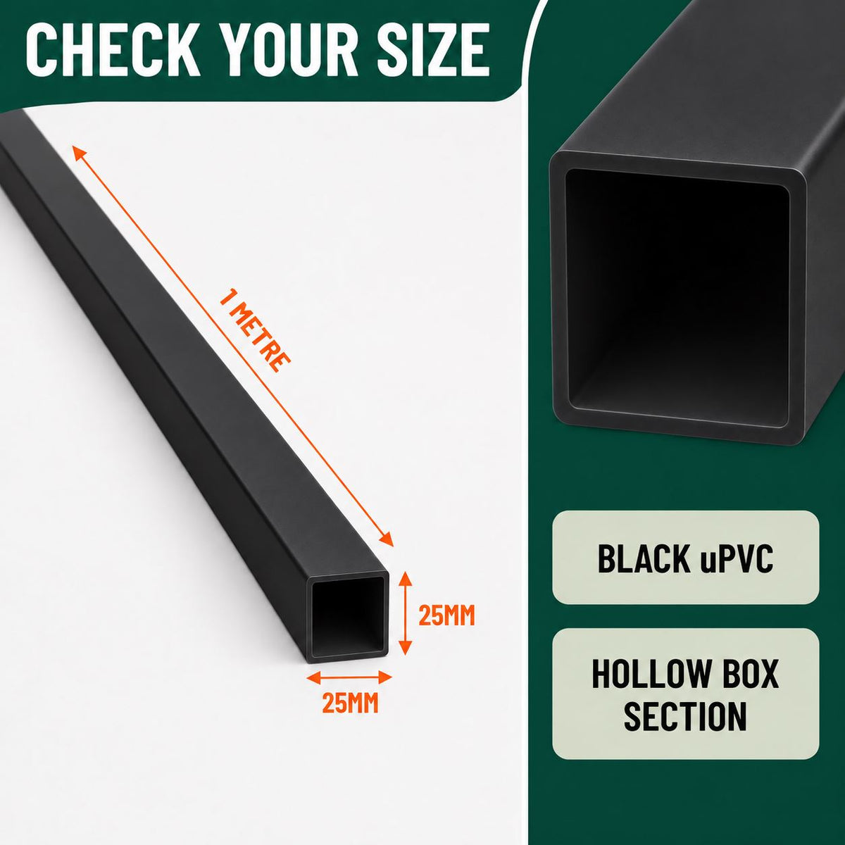 25mm Black PVC Box Section 1 Metre Length
