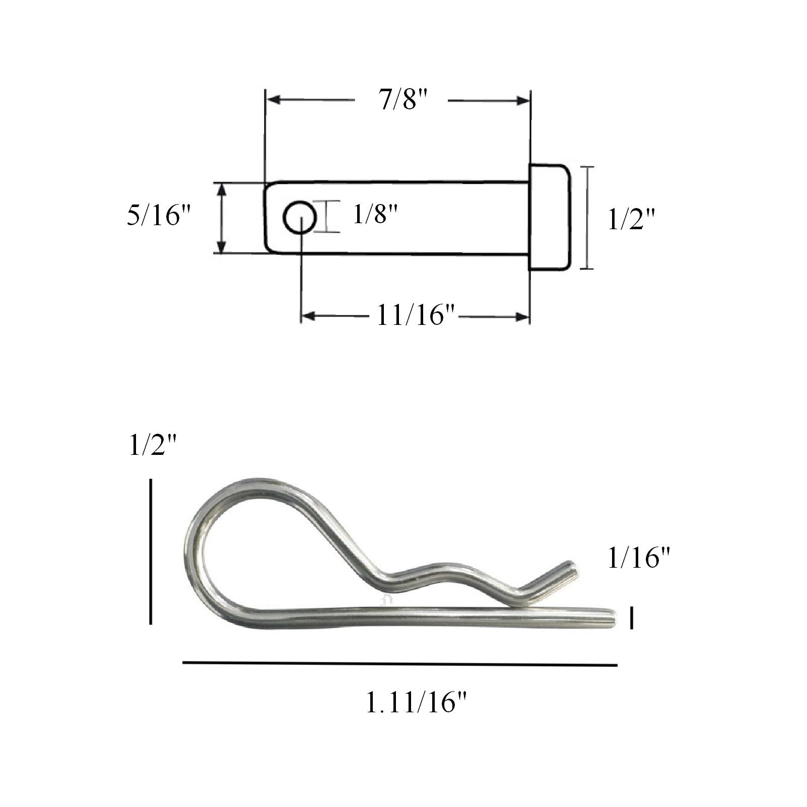 10 x Clevis Pins Imperial Securing Fasteners 5/16" x 7/8" with Retaining R Clips
