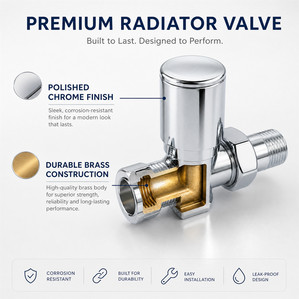 2 x Kartell Chrome Radiator Valves Straight Pair 15mm Manual Control - Brass Radiator Valve Set for Central Heating Floor Pipes - Contemporary Chrome Finish - Complete Twin Pack UK Standard