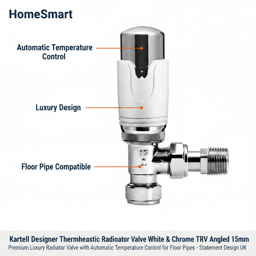 Kartell Designer Thermostatic Radiator Valve White & Chrome TRV Angled 15mm