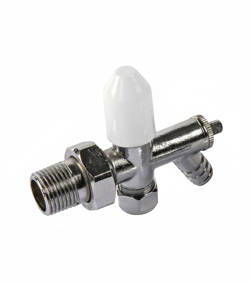 10mm Drain Off Valve Chrome - 1/2" BSP Radiator Drain Cock with White Handle & Hose Tail