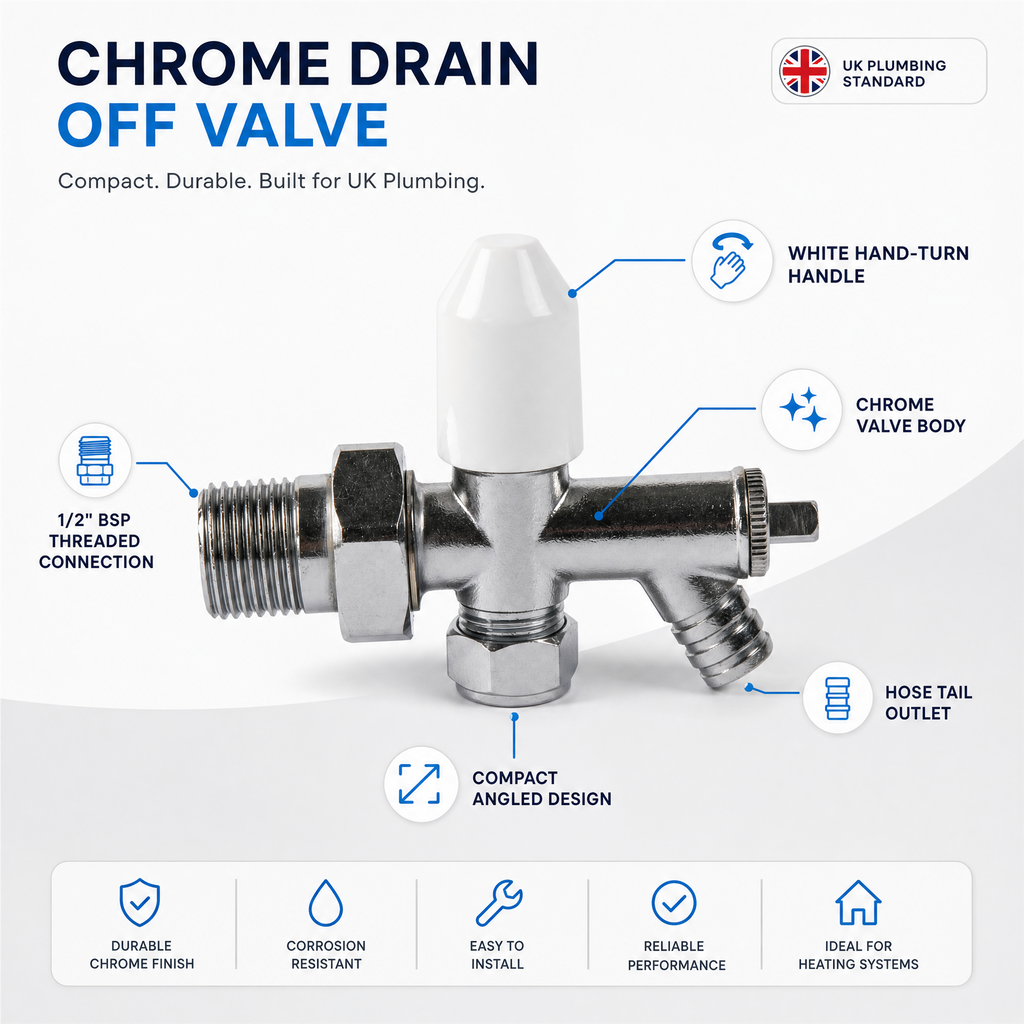 10mm Drain Off Valve Chrome - 1/2" BSP Radiator Drain Cock with White Handle & Hose Tail