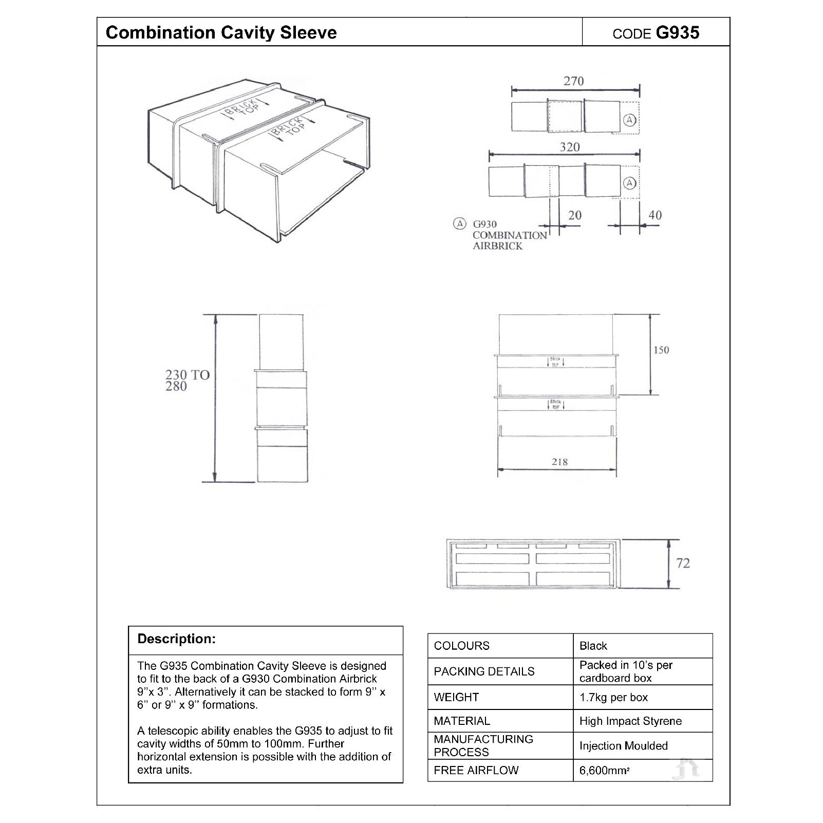9" x 3" Manthorpe Extendable Combination Cavity Wall Sleeve Vent