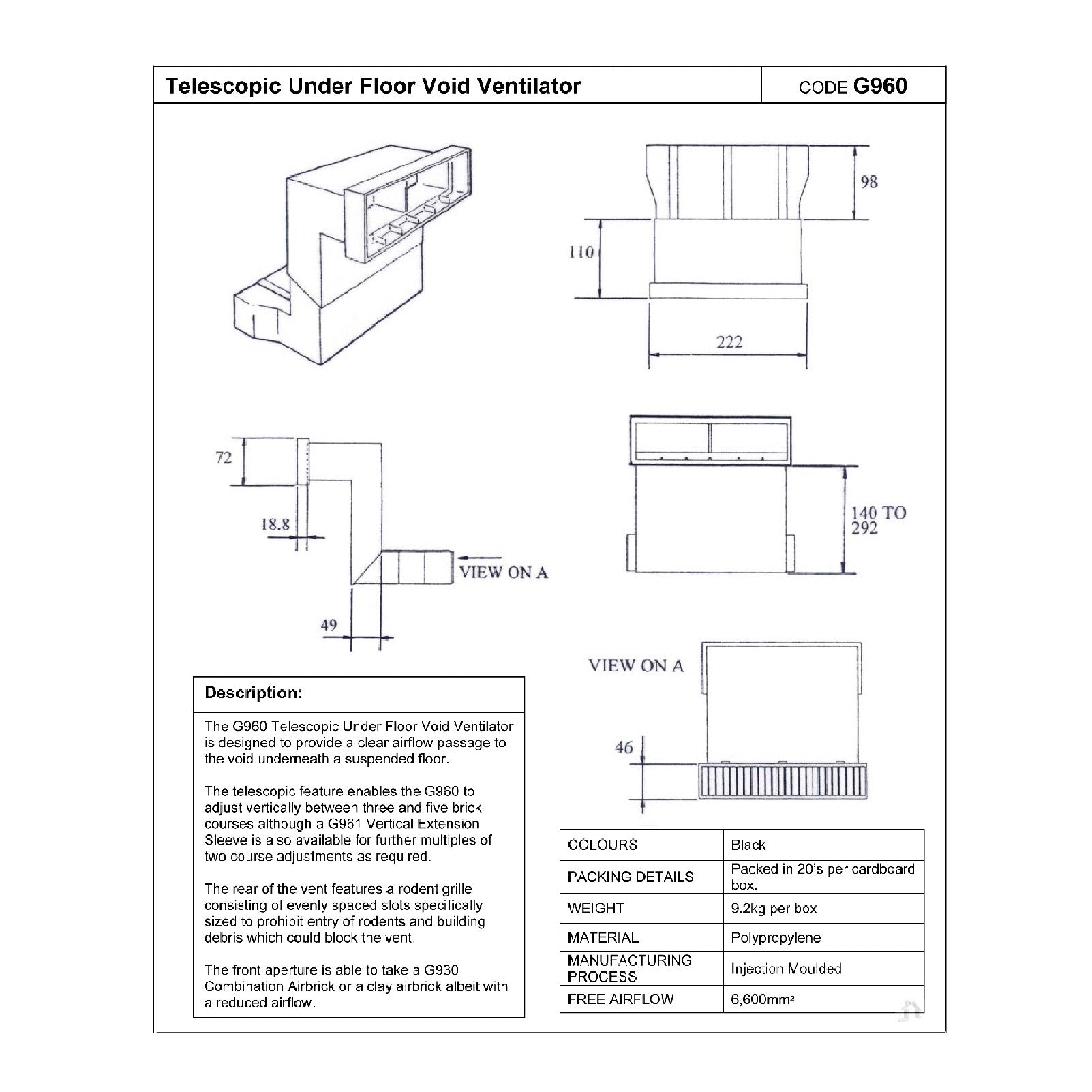 Telescopic Adjustable Underfloor Cavity Wall Vents with Airbricks G960